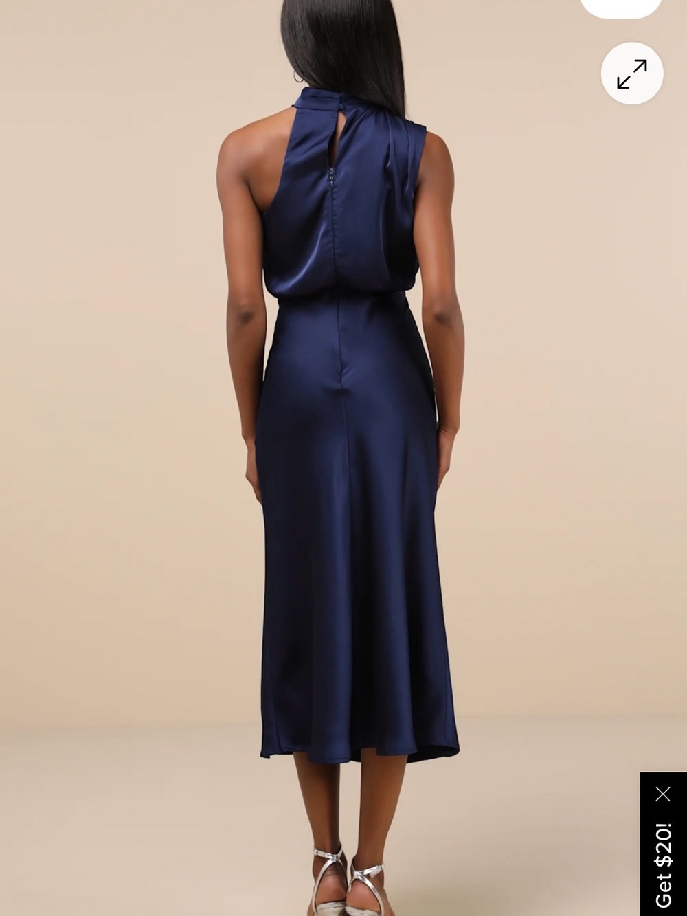 Lulu’s Navy Satin High-Neck Asymmetrical Midi Dress - Picture 4 of 6